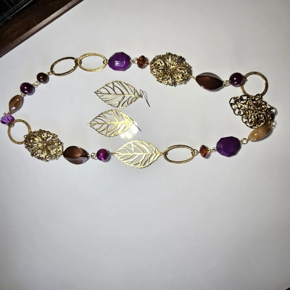 Gold Tone Autumn Colors Chunky Necklace & Leaf Earrings 42